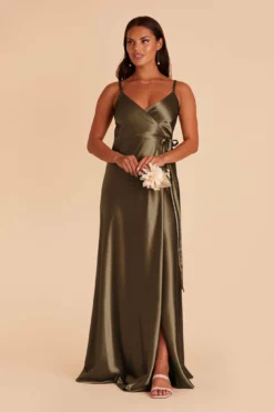 Cindy Shiny Satin Dress - Olive -US Skirt Sales 2024 olive satin convertible bridesmaid dress 05
