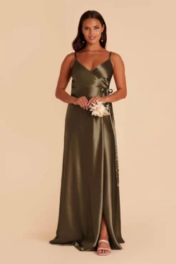 Cindy Shiny Satin Dress - Olive -US Skirt Sales 2024 olive satin convertible bridesmaid dress 06