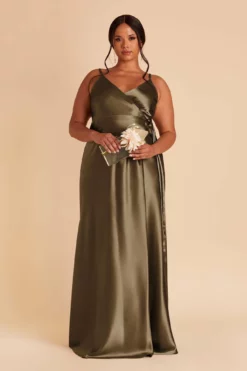 Cindy Shiny Satin Dress - Olive -US Skirt Sales 2024 olive satin plus size convertible bridesmaid dress 01