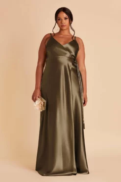 Cindy Shiny Satin Dress - Olive -US Skirt Sales 2024 olive satin plus size convertible bridesmaid dress 02