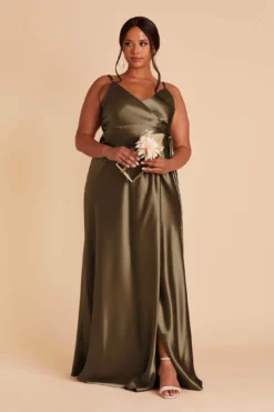 Cindy Shiny Satin Dress - Olive -US Skirt Sales 2024 olive satin plus size convertible bridesmaid dress 04