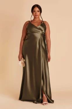 Cindy Shiny Satin Dress - Olive -US Skirt Sales 2024 olive satin plus size convertible bridesmaid dress 05