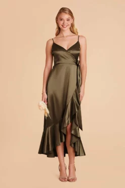 YC Shiny Satin Midi Dress - Olive