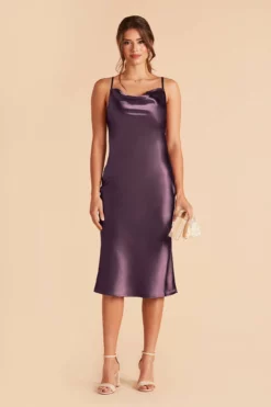 Lisa Shiny Satin Midi Dress - Plum