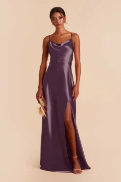 Lisa Long Shiny Satin Dress - Plum -US Skirt Sales 2024 plum lisa slit satin bridesmaid dress 01