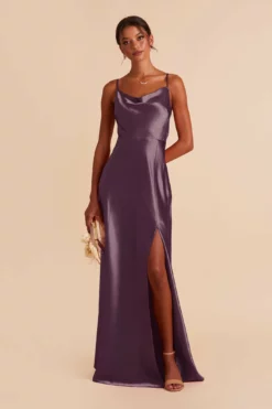 Lisa Long Shiny Satin Dress - Plum -US Skirt Sales 2024 plum lisa slit satin bridesmaid dress 02