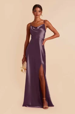 Lisa Long Shiny Satin Dress - Plum