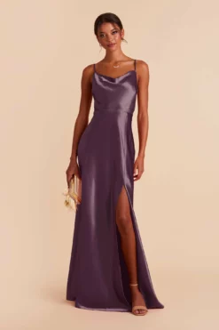 Lisa Long Shiny Satin Dress - Plum -US Skirt Sales 2024 plum lisa slit satin bridesmaid dress 04