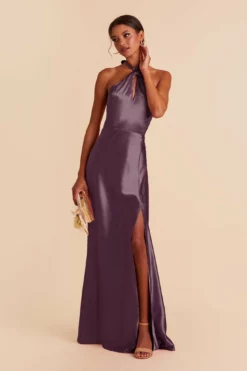 Monica Shiny Satin Dress - Plum -US Skirt Sales 2024 plum monica slit satin bridesmaid dress 01