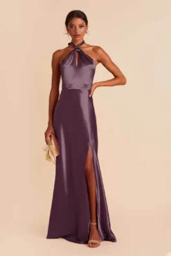 Monica Shiny Satin Dress - Plum -US Skirt Sales 2024 plum monica slit satin bridesmaid dress 03