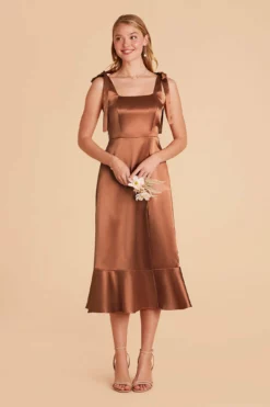 Eugenia Shiny Satin Convertible Midi Dress - Rust