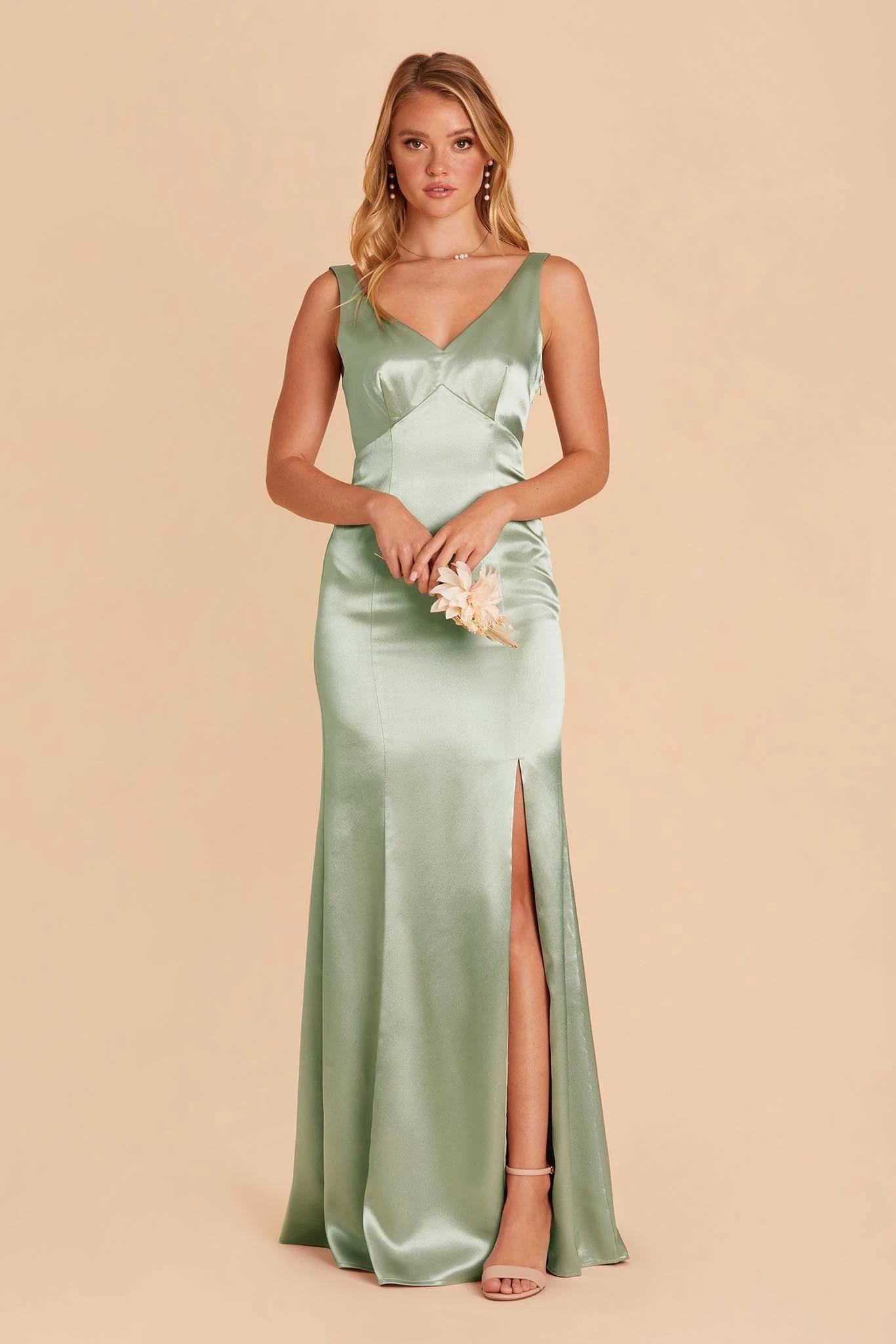 Gloria Shiny Satin Dress - Sage 3 Gloria Shiny Satin Dress - Sage - Image 3