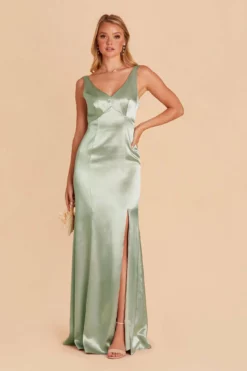 Gloria Shiny Satin Dress - Sage