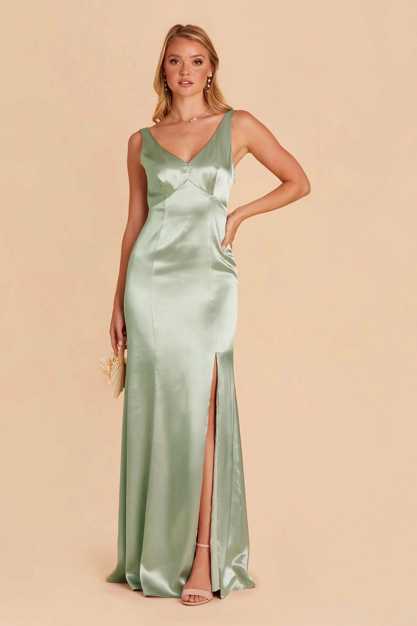 Gloria Shiny Satin Dress - Sage 1 Gloria Shiny Satin Dress - Sage