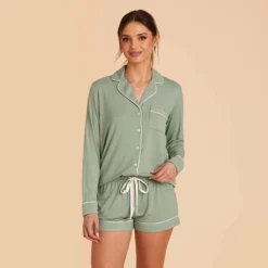 Jonny Long Sleeve Pajama Set - Sage -US Skirt Sales 2024 sage jonny long sleeve bridesmaid pajama set 02