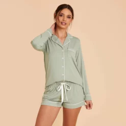 Jonny Long Sleeve Pajama Set - Sage -US Skirt Sales 2024 sage jonny long sleeve bridesmaid pajama set 03