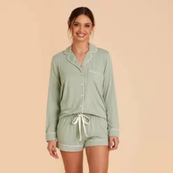 Jonny Long Sleeve Pajama Set - Sage -US Skirt Sales 2024 sage jonny long sleeve bridesmaid pajama set 04