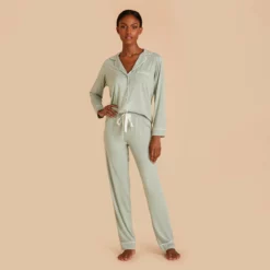 Jonny Long Sleeve Pajama And Pants Set - Sage -US Skirt Sales 2024 sage jonny long sleeve pants set bridesmaid pajamas 02