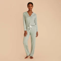 Jonny Long Sleeve Pajama And Pants Set - Sage -US Skirt Sales 2024 sage jonny long sleeve pants set bridesmaid pajamas 03
