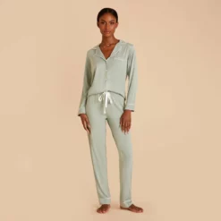 Jonny Long Sleeve Pajama And Pants Set - Sage -US Skirt Sales 2024 sage jonny long sleeve pants set bridesmaid pajamas 05