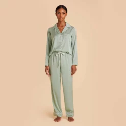 Jonny Long Sleeves And Pants Satin PJ Set - Sage -US Skirt Sales 2024 sage jonny satin long sleeve set bridesmaid pajamas 01