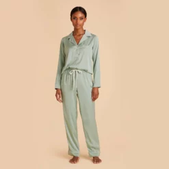 Jonny Long Sleeves And Pants Satin PJ Set - Sage -US Skirt Sales 2024 sage jonny satin long sleeve set bridesmaid pajamas 02