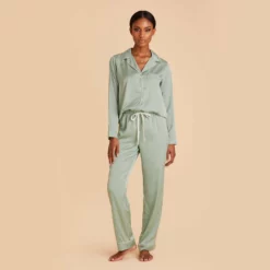 Jonny Long Sleeves And Pants Satin PJ Set - Sage