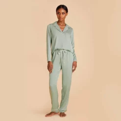 Jonny Long Sleeves And Pants Satin PJ Set - Sage -US Skirt Sales 2024 sage jonny satin long sleeve set bridesmaid pajamas 04