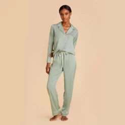 Jonny Long Sleeves And Pants Satin PJ Set - Sage -US Skirt Sales 2024 sage jonny satin long sleeve set bridesmaid pajamas 05