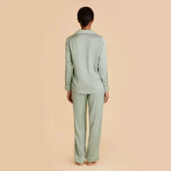 Jonny Long Sleeves And Pants Satin PJ Set - Sage -US Skirt Sales 2024 sage jonny satin long sleeve set bridesmaid pajamas 06
