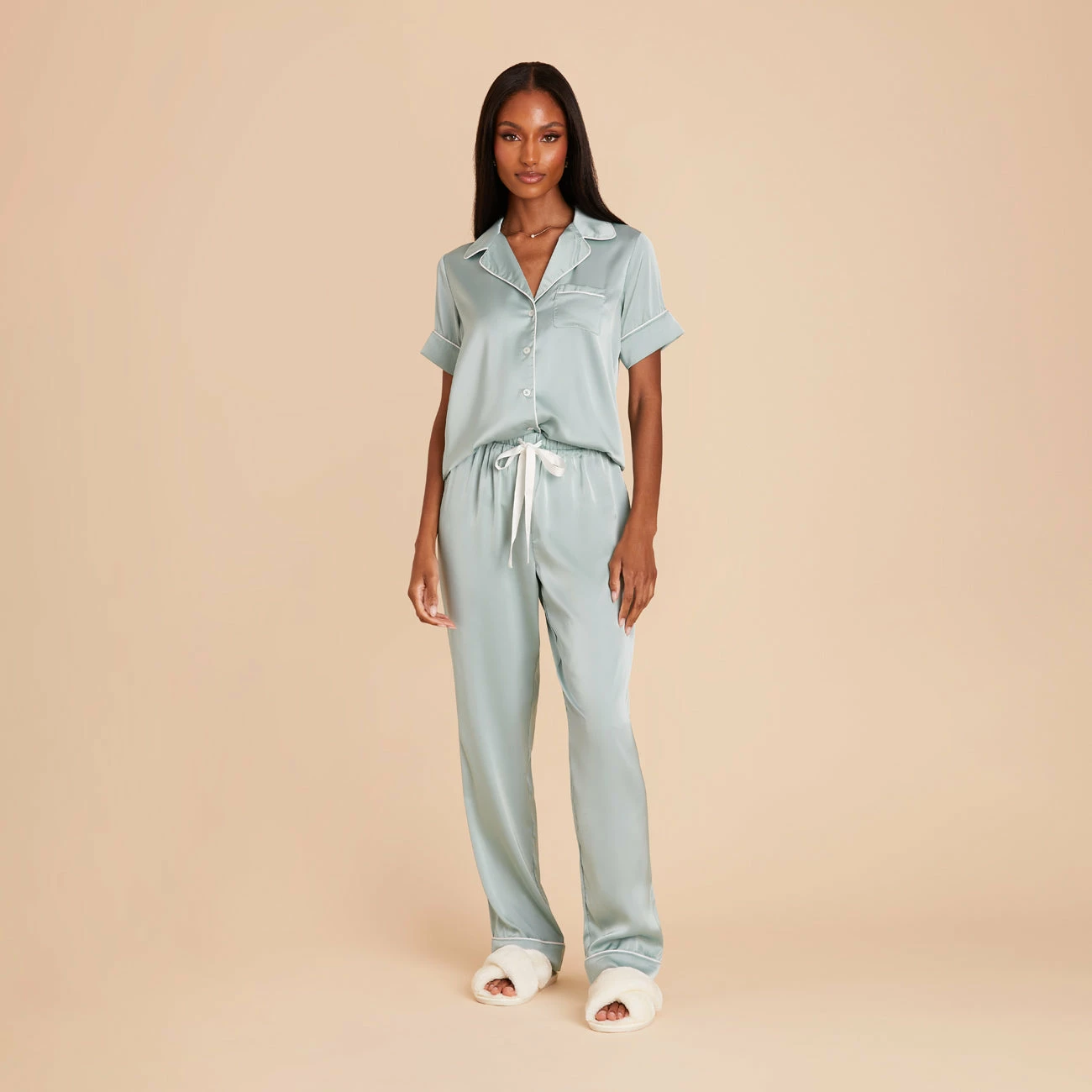 Jonny Satin Short Sleeve And Pant Set - Sage - Image 3