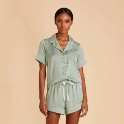 Jonny Satin Pajama Set - Sage 11 Jonny Satin Pajama Set - Sage -US Skirt Sales 2024 sage jonny satin short sleeve set bridesmaid pajamas 05