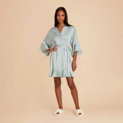 Kenny Ruffle Satin Robe - Sage
