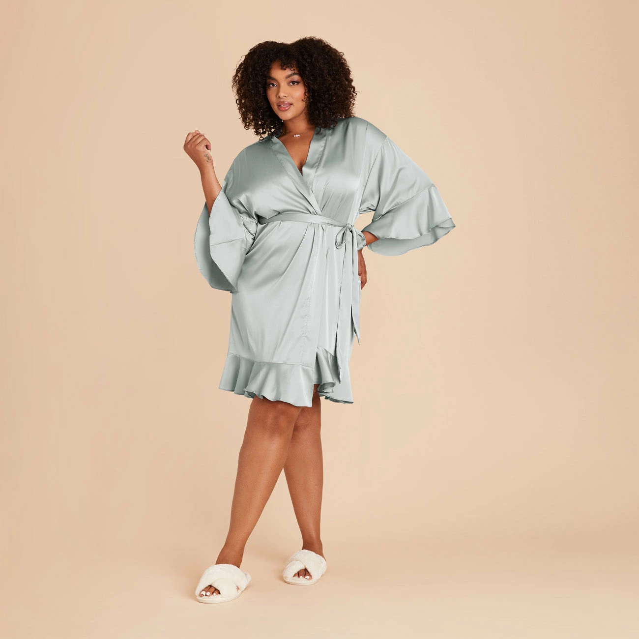 Kenny Ruffle Satin Robe - Sage - Image 12