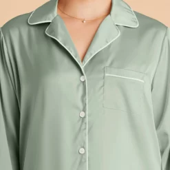 Jonny Long Sleeves And Pants Satin PJ Set - Sage -US Skirt Sales 2024 sage satin long sleeve top bridesmaid pajamas TMS LIVE PREVIEW 01