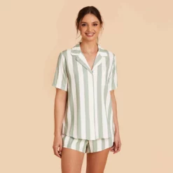 Eddie Pajama Set - Sage Stripe -US Skirt Sales 2024 sage stripe eddie short sleeve bridesmaid pajama set 01