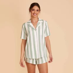 Eddie Pajama Set - Sage Stripe -US Skirt Sales 2024 sage stripe eddie short sleeve bridesmaid pajama set 02