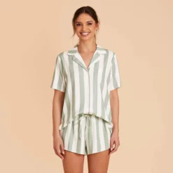Eddie Pajama Set - Sage Stripe -US Skirt Sales 2024 sage stripe eddie short sleeve bridesmaid pajama set 03