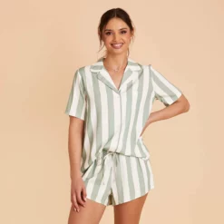 Eddie Pajama Set - Sage Stripe -US Skirt Sales 2024 sage stripe eddie short sleeve bridesmaid pajama set 04