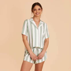 Eddie Pajama Set - Sage Stripe -US Skirt Sales 2024 sage stripe eddie short sleeve bridesmaid pajama set 06