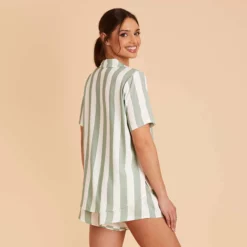 Eddie Pajama Set - Sage Stripe -US Skirt Sales 2024 sage stripe eddie short sleeve bridesmaid pajama set 08