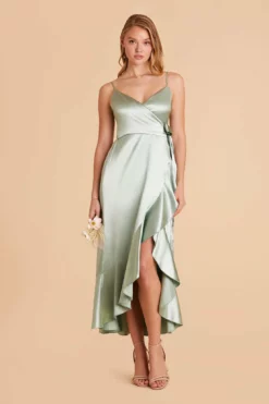 YC Shiny Satin Midi Dress - Sage -US Skirt Sales 2024 sage yc satin bridesmaid dress 01