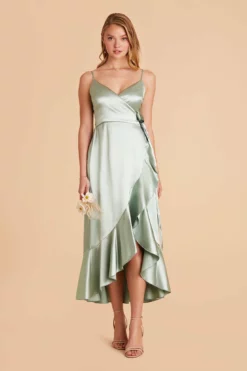 YC Shiny Satin Midi Dress - Sage -US Skirt Sales 2024 sage yc satin bridesmaid dress 02