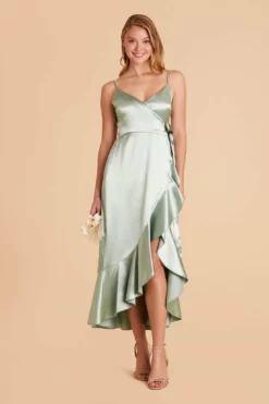 YC Shiny Satin Midi Dress - Sage -US Skirt Sales 2024 sage yc satin bridesmaid dress 03