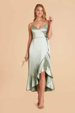 YC Shiny Satin Midi Dress - Sage