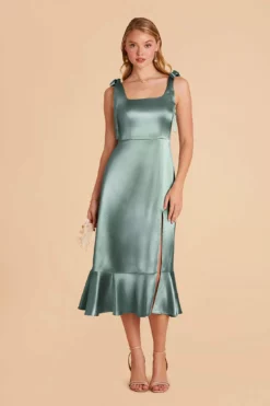 Eugenia Shiny Satin Convertible Midi Dress - Sea Glass -US Skirt Sales 2024 sea glass eugenia convertible satin bridesmaid dress 01
