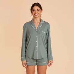 Jonny Long Sleeve Pajama Set - Sea Glass -US Skirt Sales 2024 sea glass jonny long sleeve bridesmaid pajama set 01