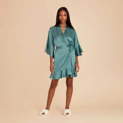 Kenny Ruffle Satin Robe - Sea Glass