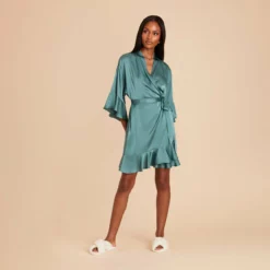 Kenny Ruffle Satin Robe - Sea Glass -US Skirt Sales 2024 sea glass kenny satin ruffle bridesmaid robe 03
