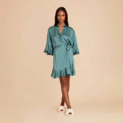 Kenny Ruffle Satin Robe - Sea Glass -US Skirt Sales 2024 sea glass kenny satin ruffle bridesmaid robe 04